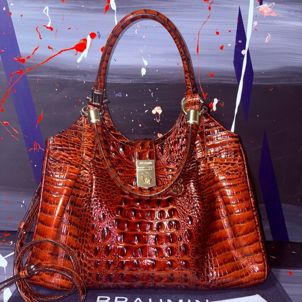 Brahmin Elisa in Pecan Melbourne  Crocodile Embossed Shoulder Bag, Hobo bag